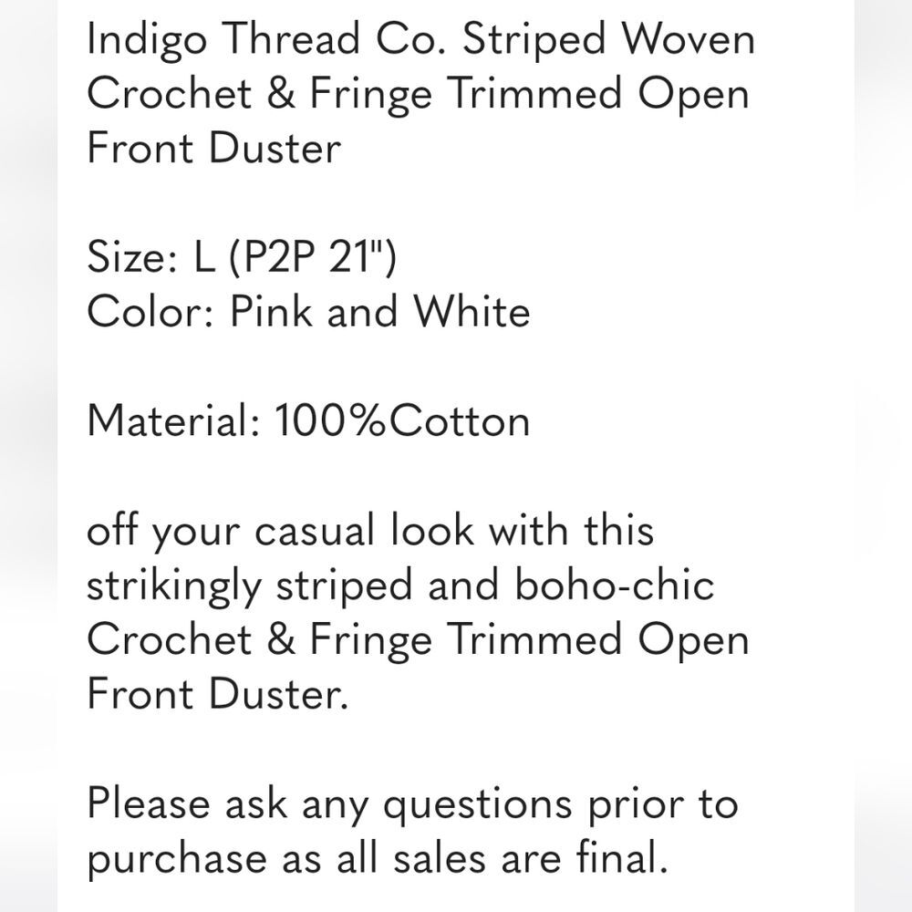 Indigo Thread Co. Striped Woven Crochet & Fringe Trimmed Open Front Duster NWOT - Picture 4 of 5